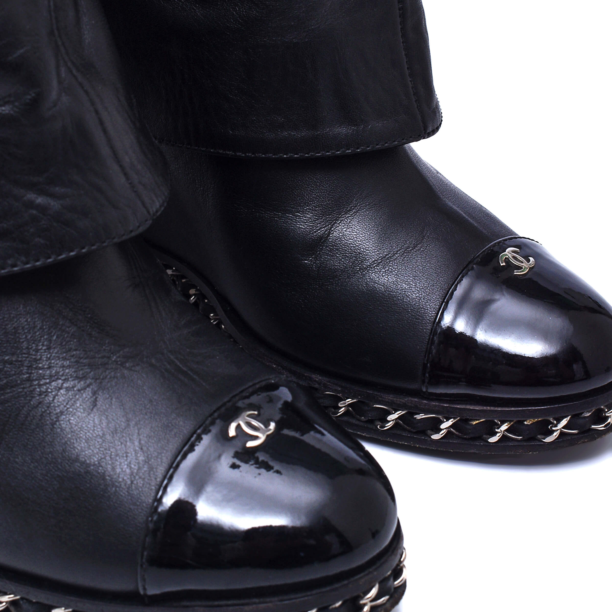 Chanel - Black Leather Chain Wedge Long Boots / 38